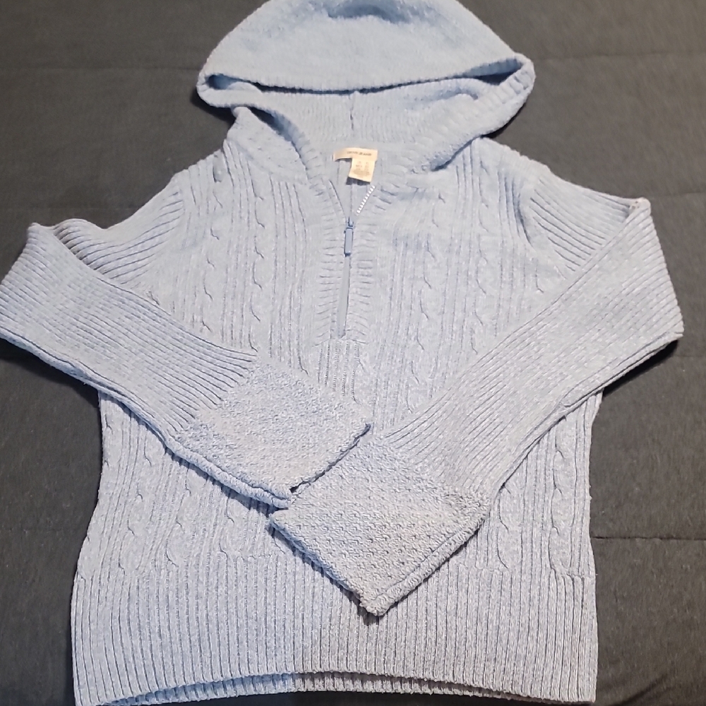 Women's Blue DKNY Hooded Half Zip Sweater